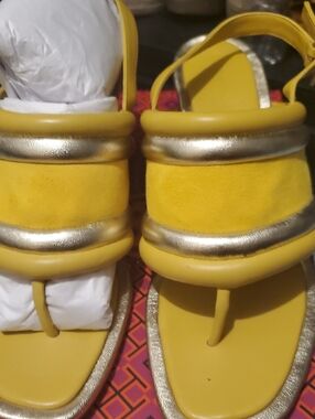 Tory Burch Yellow Wedge Sandals with Gold Accents